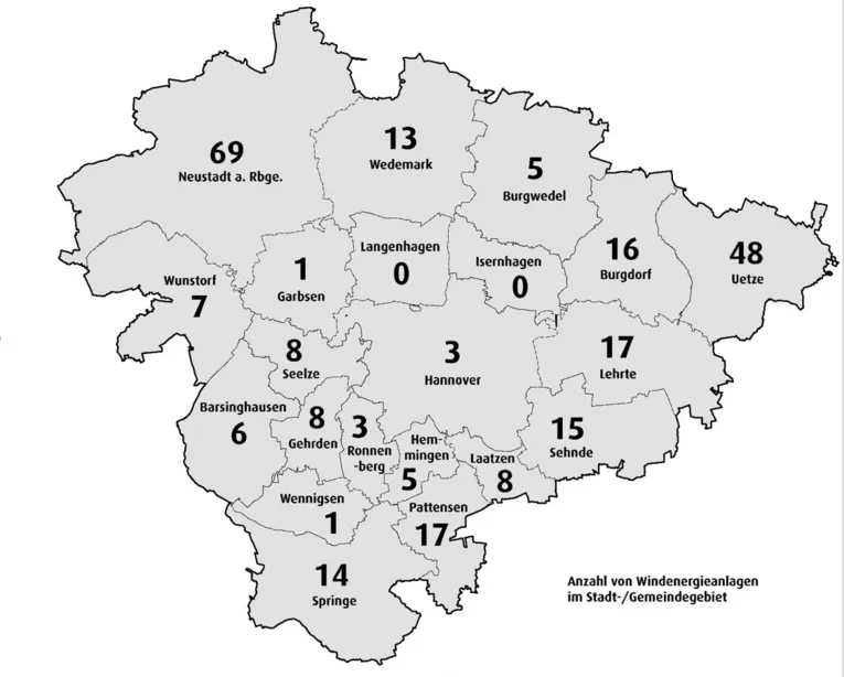 Schematische Darstellung der Region Hannover auf der die Anzahl der Windenergie-Anlage pro Kommune Stand September 2024 eingetragen ist