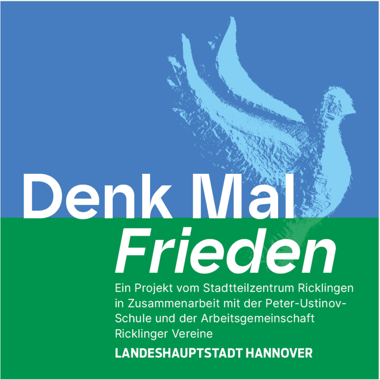 Eine Friedenstaube hinter dem Titel des Projekts