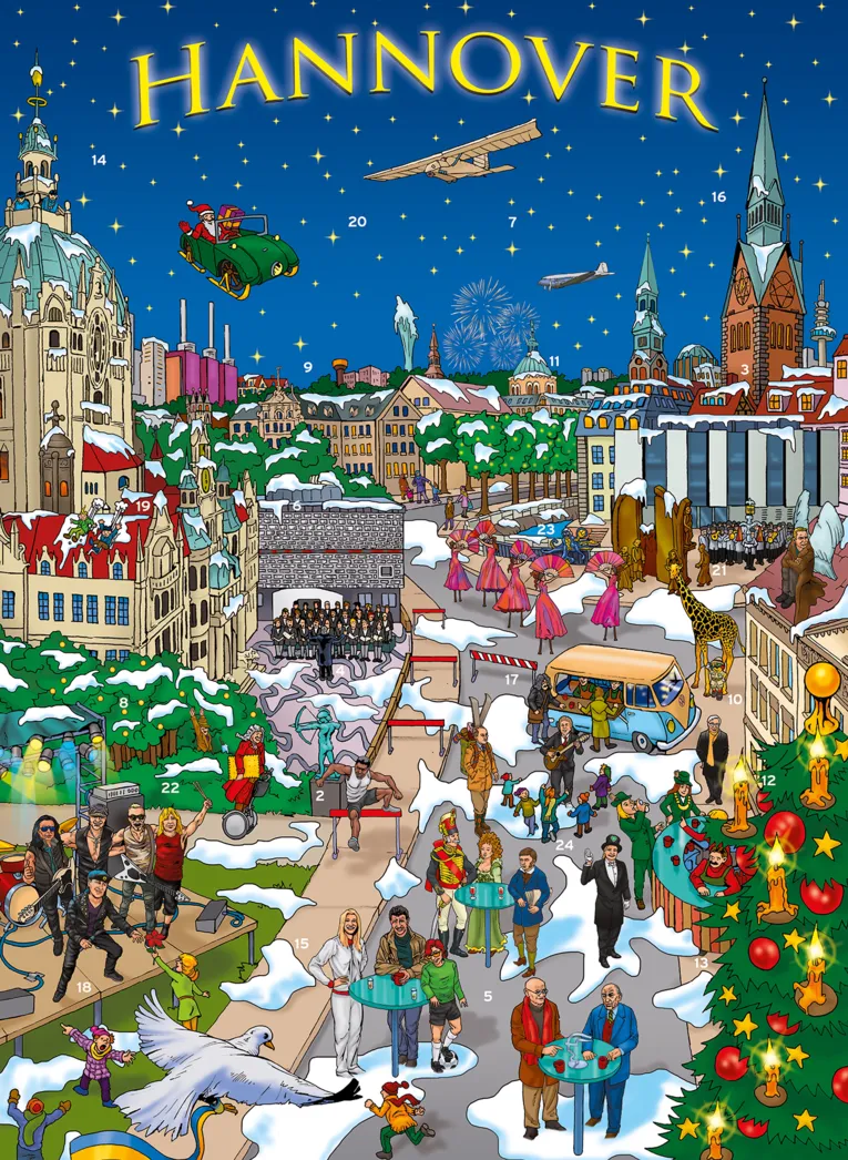 Weihnachtskalender mit gezeichneten Hannover-Sehensw&uuml;rdigkeiten und -Prominenten.