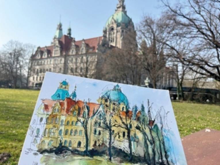 Zeichnung vom Neuen Rathaus, im Hintergrund das Neue Rathaus