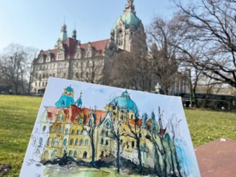 Zeichnung vom Neuen Rathaus, im Hintergrund das Neue Rathaus