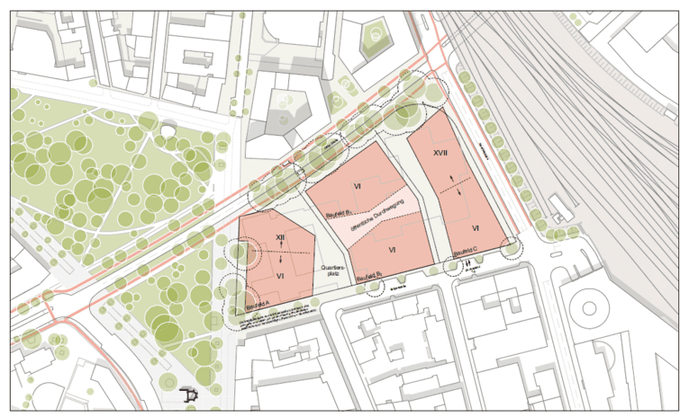 Ausschnitt einer Kartenskizze mit gr&uuml;ner Fl&auml;che und Kreisen und drei hellrot markierten Feldern