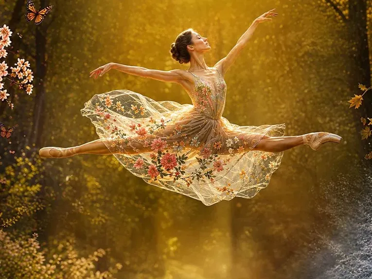 Eine Balletttänzerin in einem floralen Kleid springt im Spagat durch die Luft