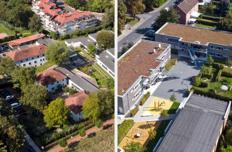 Luftaufnahmen zweier Geb&auml;udekomplexe, zu einer Collage zusammengef&uuml;gt.