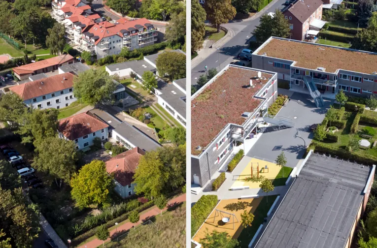 Luftaufnahmen zweier Geb&auml;udekomplexe, zu einer Collage zusammengef&uuml;gt.