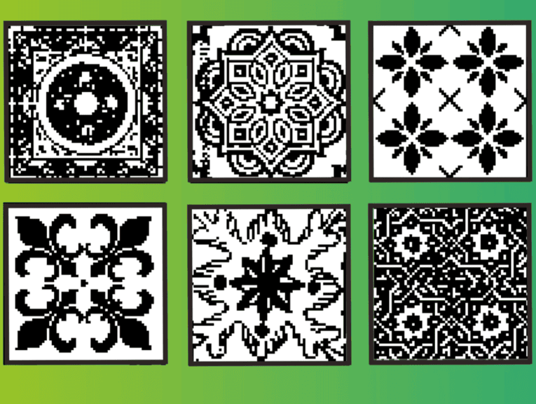 Sechs schwarz-weiße Mosaik-Kacheln auf grünem Grund.