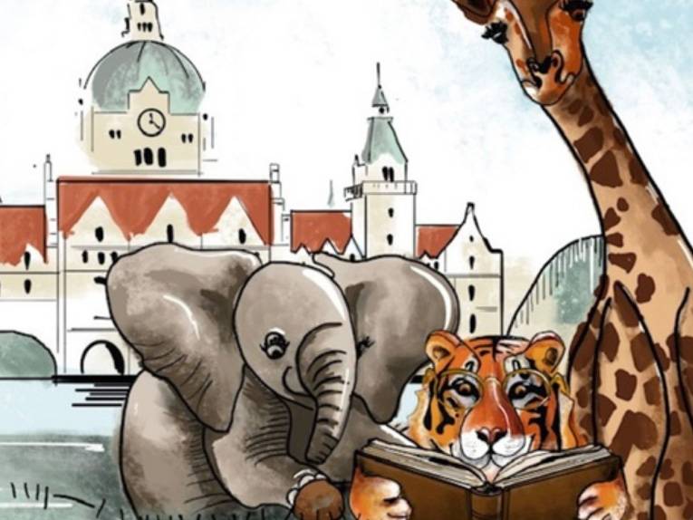 Gezeichnete Tiere lesen vor dem Rathaus Hannover ein Buch