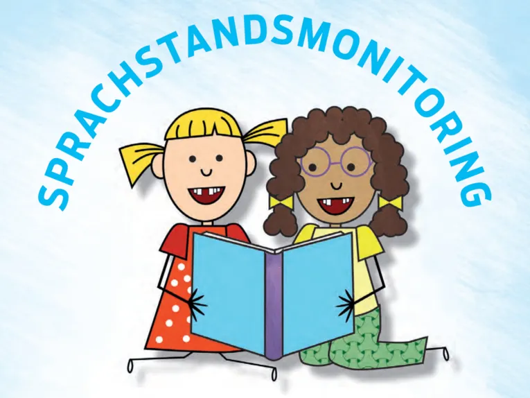 Zeichnung: Zwei Kinder schauen in ein Buch, darüber der Text "Sprachstandsmonitoring".
