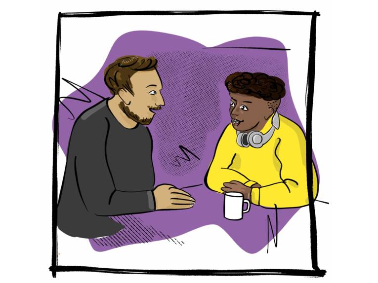 Zeichnung: Zwei Personen sitzen an einem Tisch und sprechen.