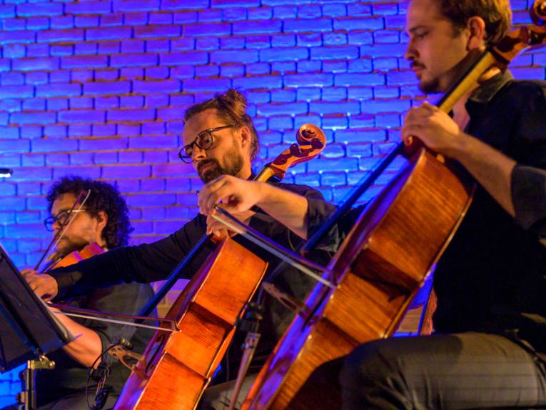 Drei Musiker spielen auf Streichinstrumenten, der Hintergrund ist blau.