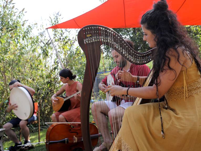 Eine Frau spielt auf einer Harfe, neben ihr sind weitere Musikerinnen und Musiker im Hintergrund.