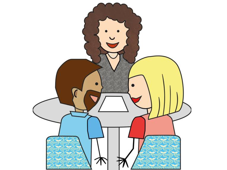 Zeichnung: Eine Frau sitzt mit einem Elternpaar an einem Tisch.