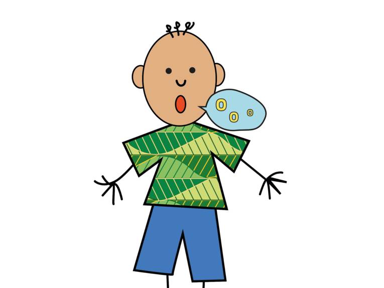 Zeichnung: Ein Junge spricht, in der Sprechblase sind kreisförmige Symbole.