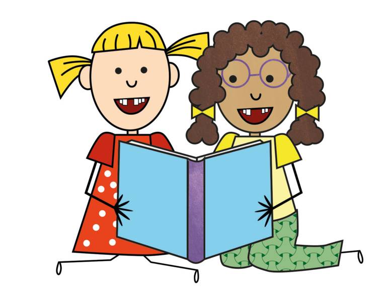 Zeichnung: Zwei Mädchen schauen gemeinsam in ein aufgeschlagenes Buch