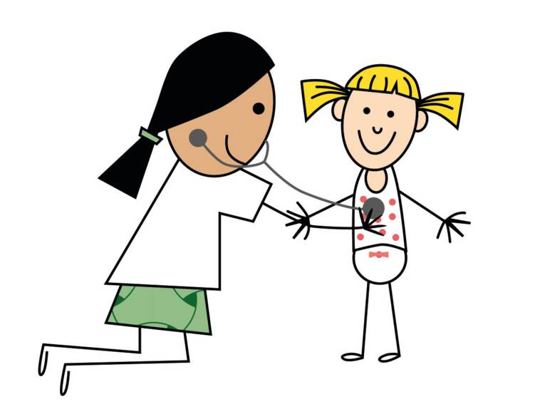 Zeichnung: Eine Frau horcht ein Mädchen mit einem Stethoskop ab.