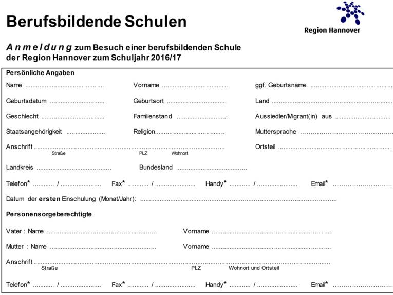Der Auszug eines Anmeldeformulars zum Ausfüllen. Oben steht "Berufsbildende Schulen" drüber und das Regionslogo ist zu sehen.