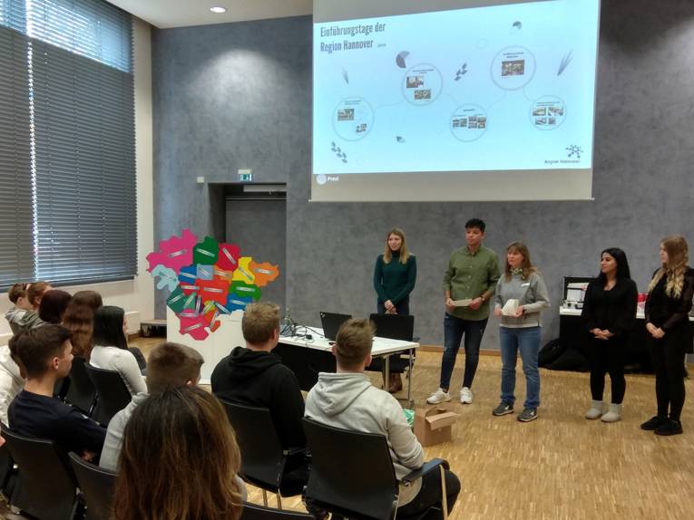 Viele junge Menschen sitzen in einem Sitzungsraum und schauen auf eine Leinwand. Fünf Personen stehen vor ihnen und erläutern etwas.