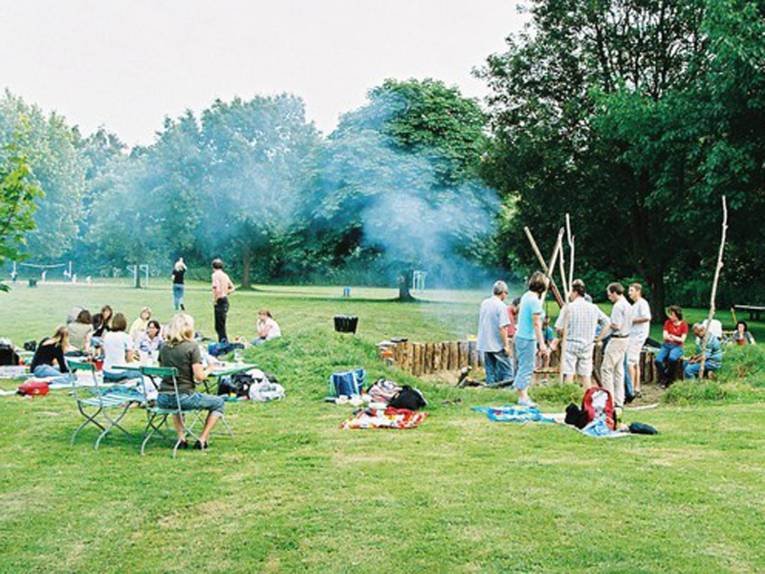 Auf einer Wiese picknickende Menschen, von denen sich ein Teil um ein Lagerfeuer gruppiert
