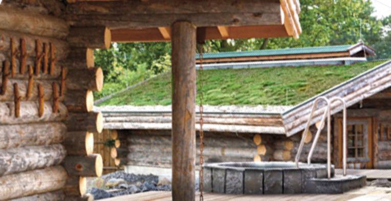 Zwei Holzbohlenhäuser, bei einem sieht man das begrünte Dach