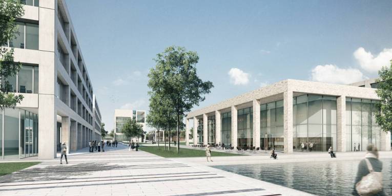 Siegerentwurf des geplanten Maschinenbau-Campus in Garbsen, Außenansicht mit Wasserfläche. 