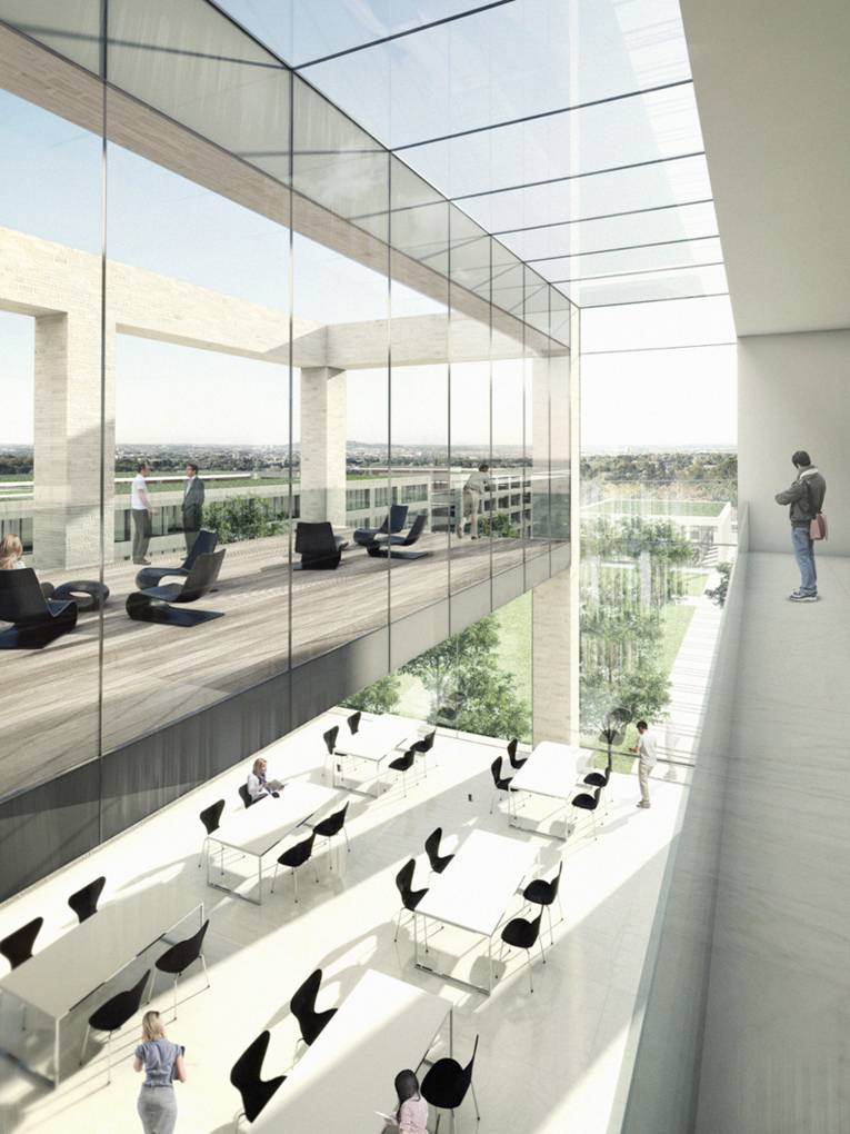 Siegerentwurf des geplanten Maschinenbau-Campus in Garbsen, Innenansicht mit Blick auf mehrere Ebenen: Tische und Stühle unten, Außenfläche mit Sesseln oben.