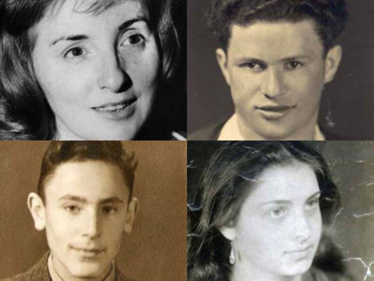 Vier alte Portraitaufnahme (schwarz-weiß) von zwei Frauen und zwei Männern.