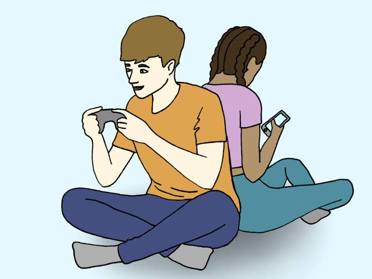 Zeichnung: Zwei Jugendliche sitzen Rücken an Rücken und schauen in ihre Smartphones.