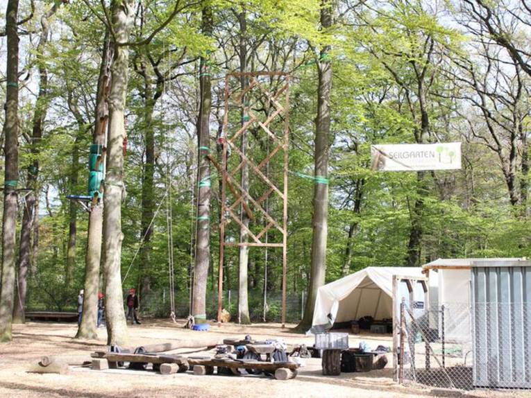 Auf diesem Bild ist im Vordergrund der Besprechungskreis zu sehen (hier findet auch die Einweisung zu Anfang statt). Im Hintergrund des Bildes befinden sich verschiedene  Elemente des Hochseilgartens.