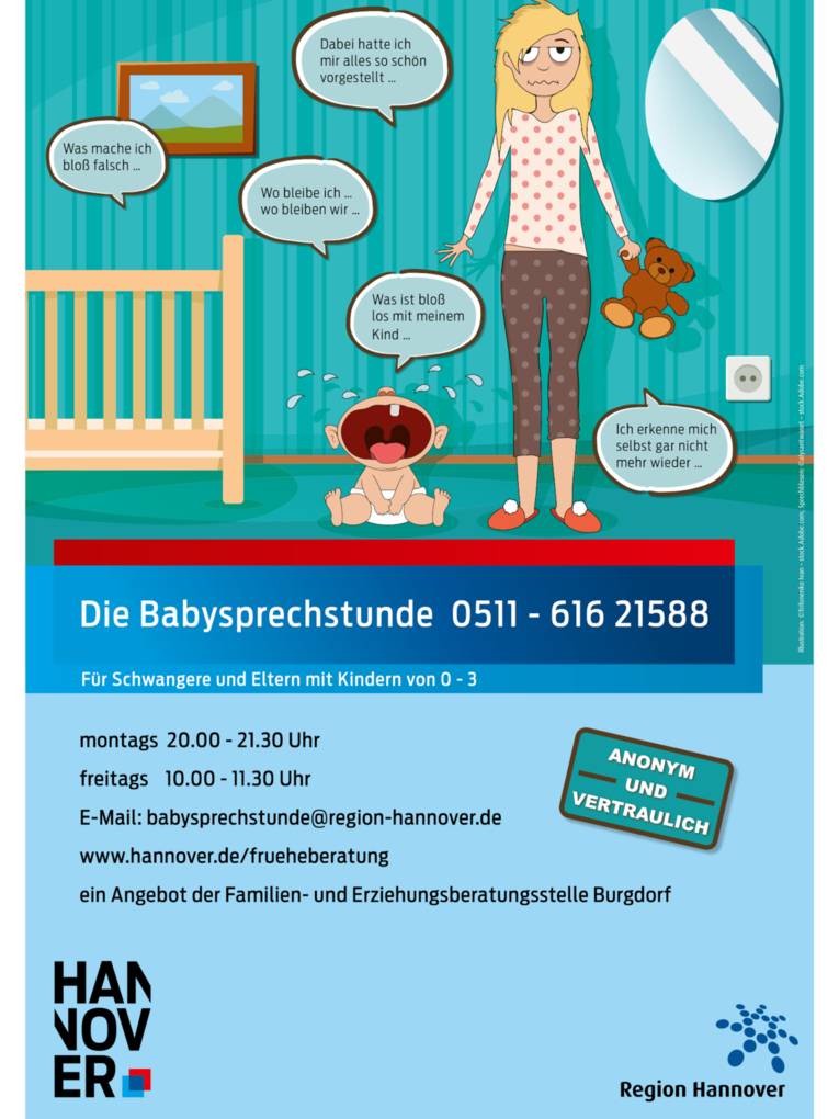 Plakat im Comicstil und Text in Sprechplasen und Text in grafischen Elementen unter der Zeichnung.