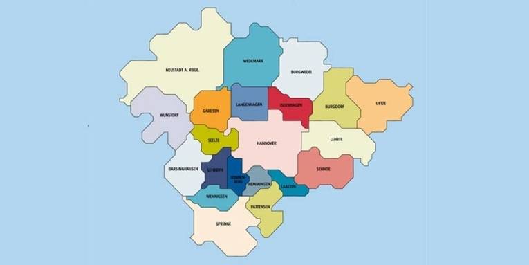 Eine Karte (gezeichnet) der 21 Städte und Gemeinden der Region Hannover.