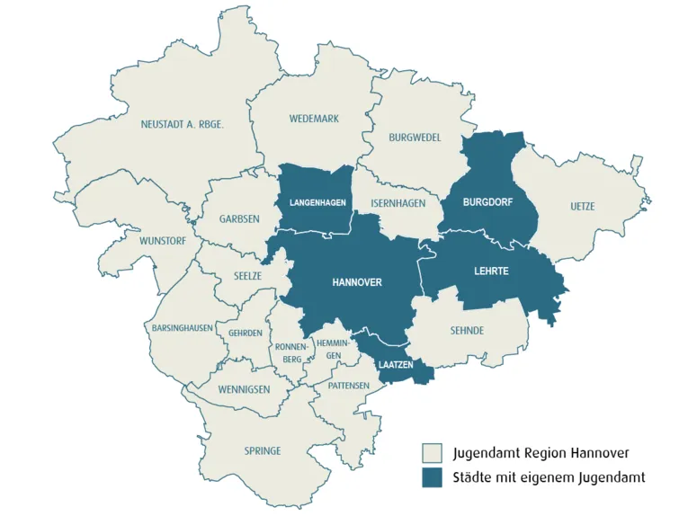 Schematische Karte mit dem Gebiet der Region Hannover. Folgende Gebiete sind Beige eingefärbt, weil hier der Fachbereich Jugend der Region Hannover die Aufgaben des Jugendamtes übernimmt: Barsinghausen, Burgwedel, Garbsen, Gehrden, Hemmingen, Isernhagen, Neustadt am Rübenberge, Pattensen, Ronnenberg, Seelze, Sehnde, Springe, Uetze, Wedemark, Wennigsen und Wunstorf. Blau sind dagegen die Gebiete der Städte Burgdorf, Hannover, Laatzen, Langenhagen und Lehrte, weil diese Städte ein eigenes Jugendamt haben und diese Aufgaben selbst übernehmen.