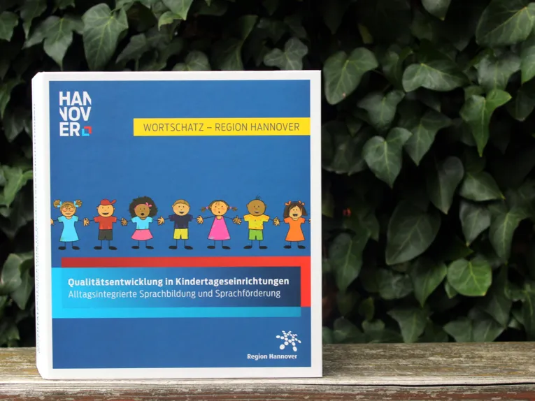 Ein Druckerzeugnis mit einer Illustration ist auf einer Mauer, dahinter sind Grünpflanzen. Die Illustration zeigt verschiedene Kinder nebeneinander. Als Text steht dazu "Wortschatz – Region Hannover" und "Qualitätsentwicklung in Kindertageseinrichtungen. Alltagsintegrierte Sprachbildung und Sprachförderung". Unten rechts ist das Logo der Region Hannover.