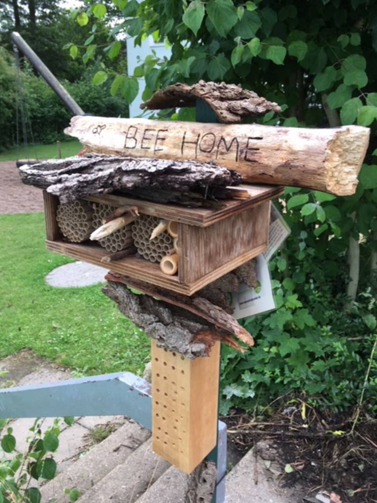 Ein Insektenhotel aus unterschiedlichsten Materialien hat den Namen "Bee Home" eingeritzt.