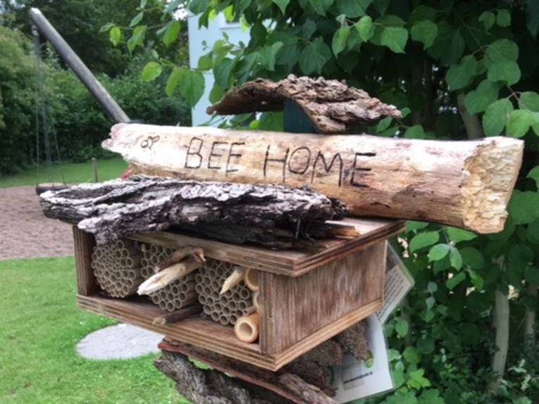 Ein Insektenhotel aus unterschiedlichsten Materialien hat den Namen "Bee Home" eingeritzt.