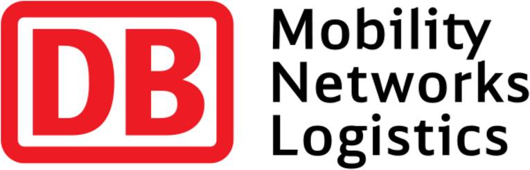 Logo der Deutschen Bahn (DB) Mobility Logistics AG : Die Großbuchstaben "DB" in roter Schrift auf weißem Grund, umrahmt von einem roten Rechteck mit abgerundeten Ecken. Rechts Daneben untereinander in schwarzer Schrift die drei Worte "Mobility", "Networks" und "Logistics"