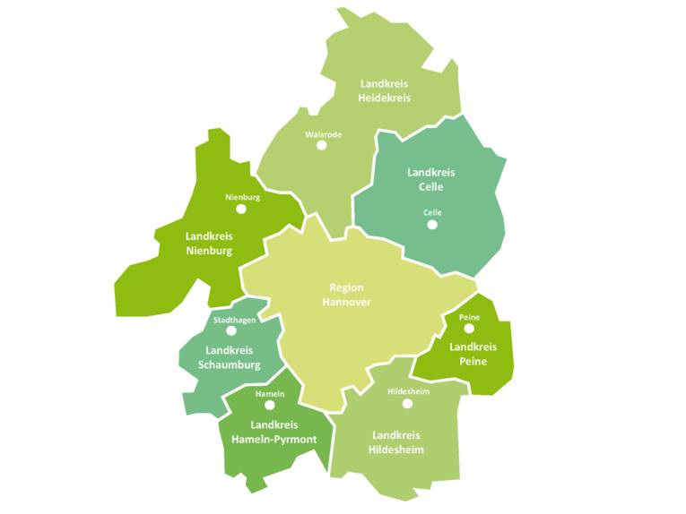 Gebiete der Landkreise im Erweiterten Wirtschaftsraum Hannover