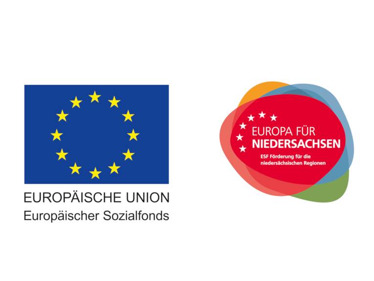 Links ist ein blauer Bereich mit 12 gelben Sternen und darunter der Text "EUROPÄISCHE UNION. Europäischer Sozialfonds". Rechts ist ein mehrfarbiger Bereich mit sechs weißen Sternen und darin der Text "EUROPA FÜR NIEDERSACHSEN. ESF Förderung für die niedersächsischen Reginen".