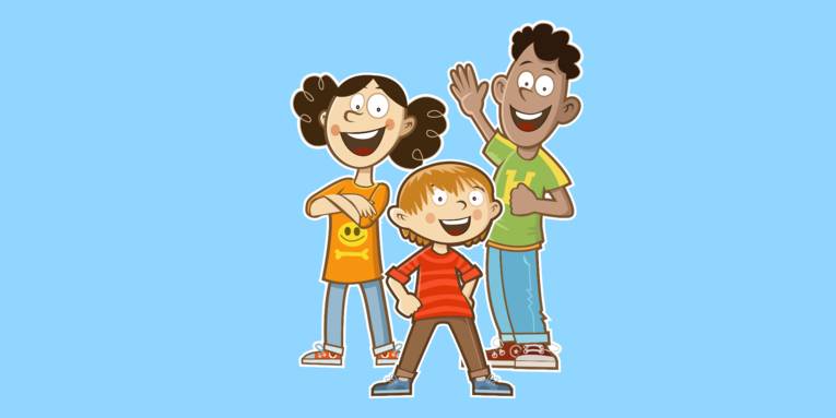 Zeichnung: Drei Kinder stehen in unterschiedlichen Körperhaltungen nebeneinander.