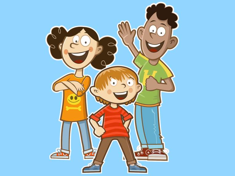 Zeichnung: Drei Kinder stehen in unterschiedlichen Körperhaltungen nebeneinander.