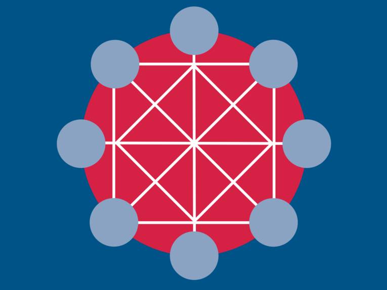 Logo mit dunkelblauem Hintergrund, einem roten Kreis in der Mitte, 8 kleineren, hellblauen Kreisen auf dem Rand des roten Kreises und weißen Linien, die die blauen Kreise miteinander verbinden.