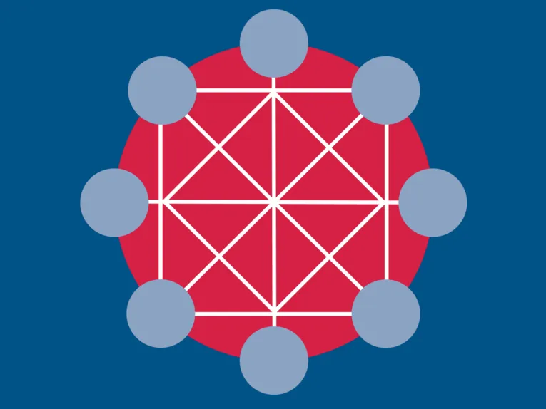 Logo mit dunkelblauem Hintergrund, einem roten Kreis in der Mitte, 8 kleineren, hellblauen Kreisen auf dem Rand des roten Kreises und weißen Linien, die die blauen Kreise miteinander verbinden.