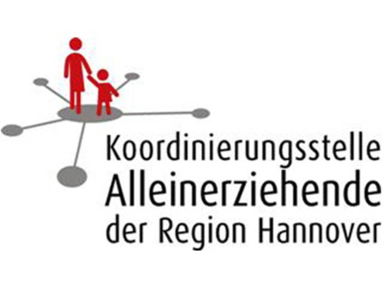 Zwei rote Strichmenschen (eine Mutter mit ihrem Kind an der Hand) und der Schriftzug "Koordinierungsstelle Alleinerziehende der Region Hannover"