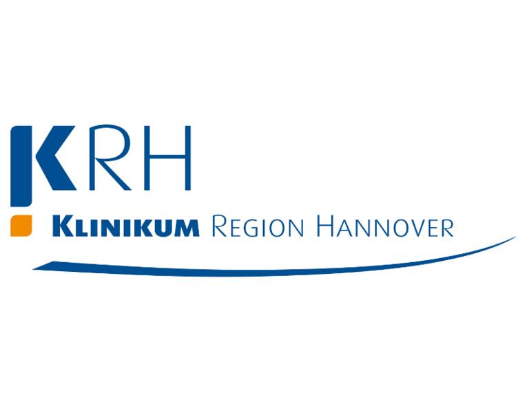 In blauer Schrift die Buchstaben "KRH", darunter ebenfalls in blauer Schrift "Klinikum der Region Hannover.