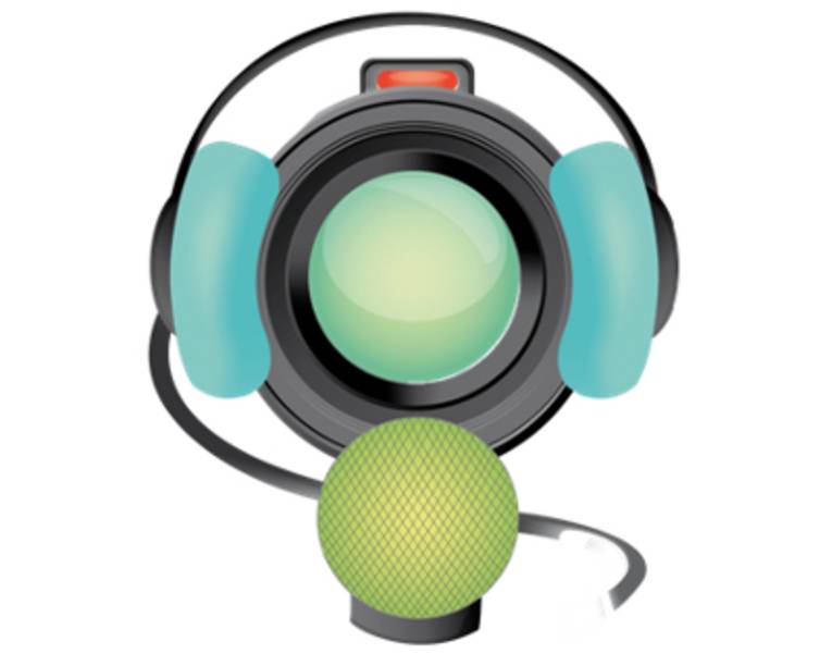 Zeichnung: Der Betrachter schaut auf die Linse einer Filmkamera. Auf der Kamera sind Kopfhörer und unter der Kamera ist ein Mikrofon. Die Farben türkis und hellgrün dominieren das Bild.