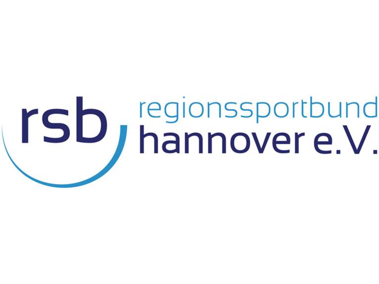 Ein rotes Wappen auf hellblauem Hintergrund und daneben vier kleine Bilder, die ineinander übergehen. Sie zeigen Fußballer, Läufer, Basketballspieler und Wassersportler.