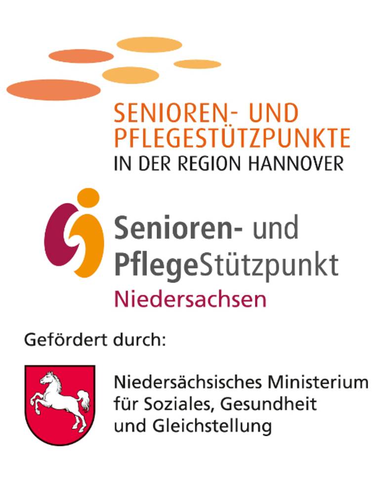 Drei Logos mit Text: "Senioren- und Pflegestützpunkte in der Region Hannover", Senioren- und PflegeStützpunkt Niedersachsen" und "Gefördert durch: Niedersächsisches Ministerium für Soziales, Gesundheit und Gleichstellung".