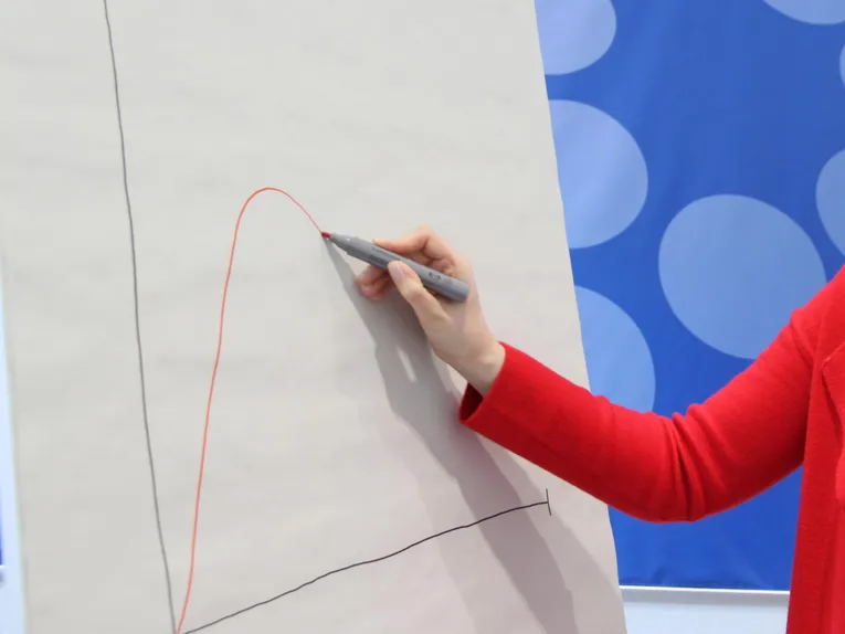 Eine Person steht an einem Flipchart und zeichnet ein Diagramm darauf.