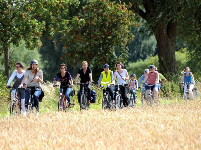 Mehrere Menschen fahren Rad neben einem Getreidefeld.