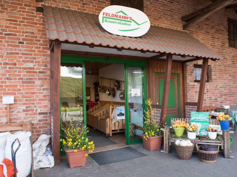 Eingangsbereich eines Bauernladens mit keiner Holzbank auf der Tulpen in Eimern stehen, davor Körbe mit Kohl