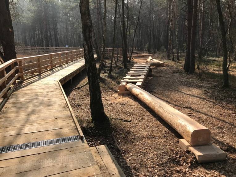 Holzsteg und dann ein behauener Balken sowie eine liegende Leiter aus Holz